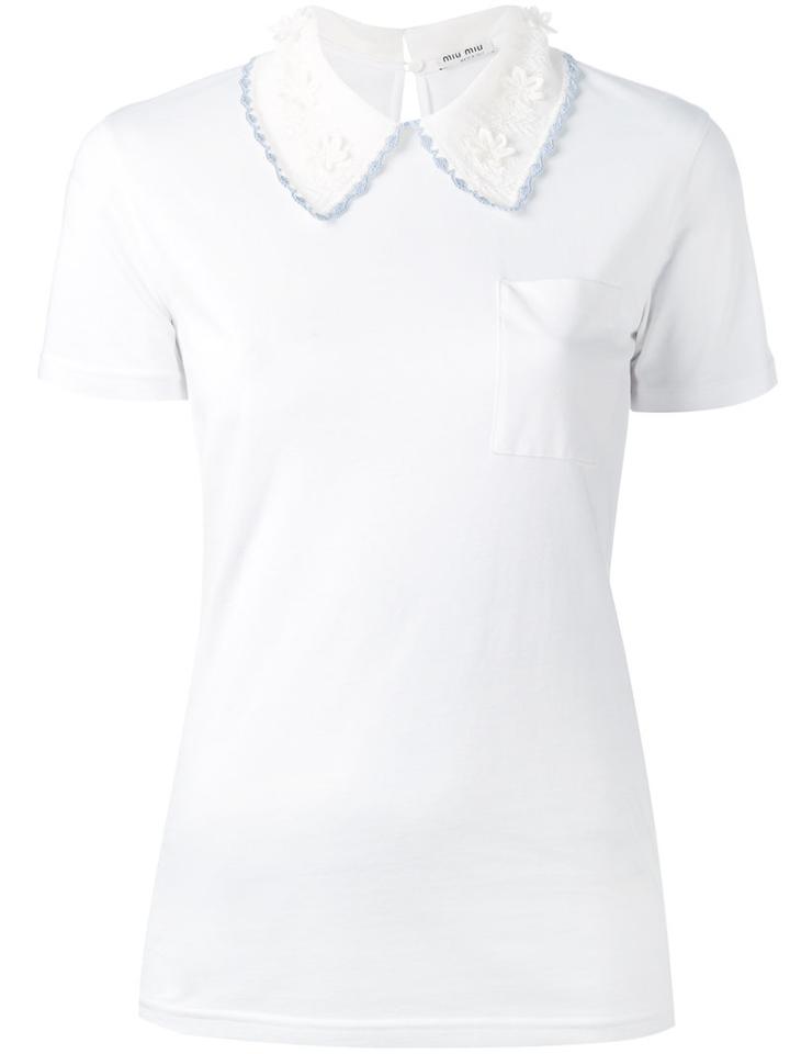 Miu Miu - Crochet Neck T-shirt - Women - Cotton - Xs, Women's, White, Cotton