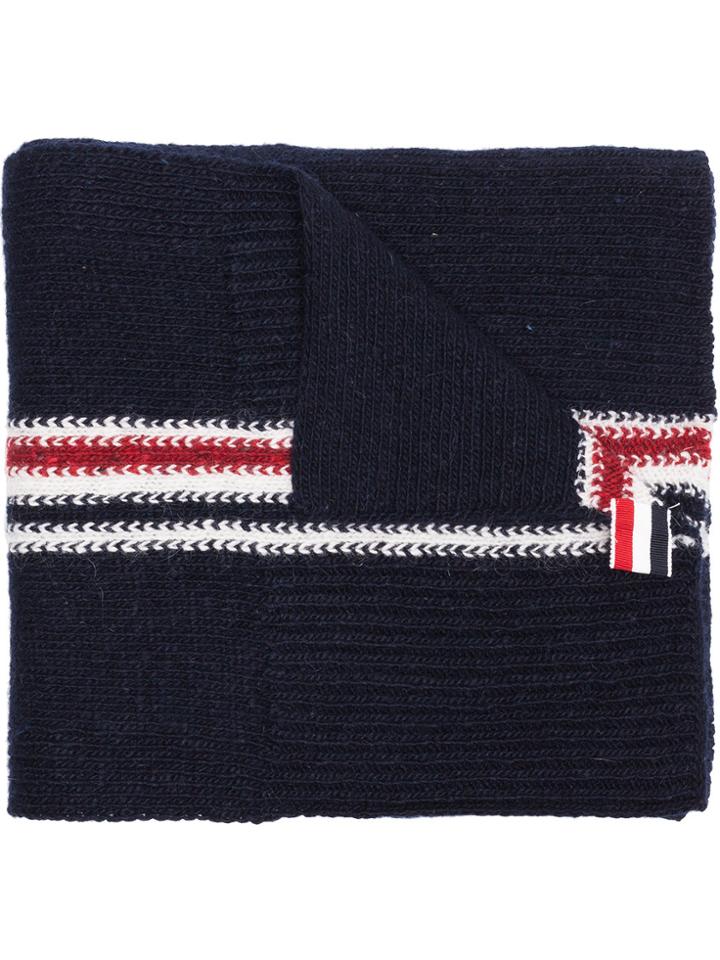 Thom Browne Navy Wool Striped Scarf - Blue