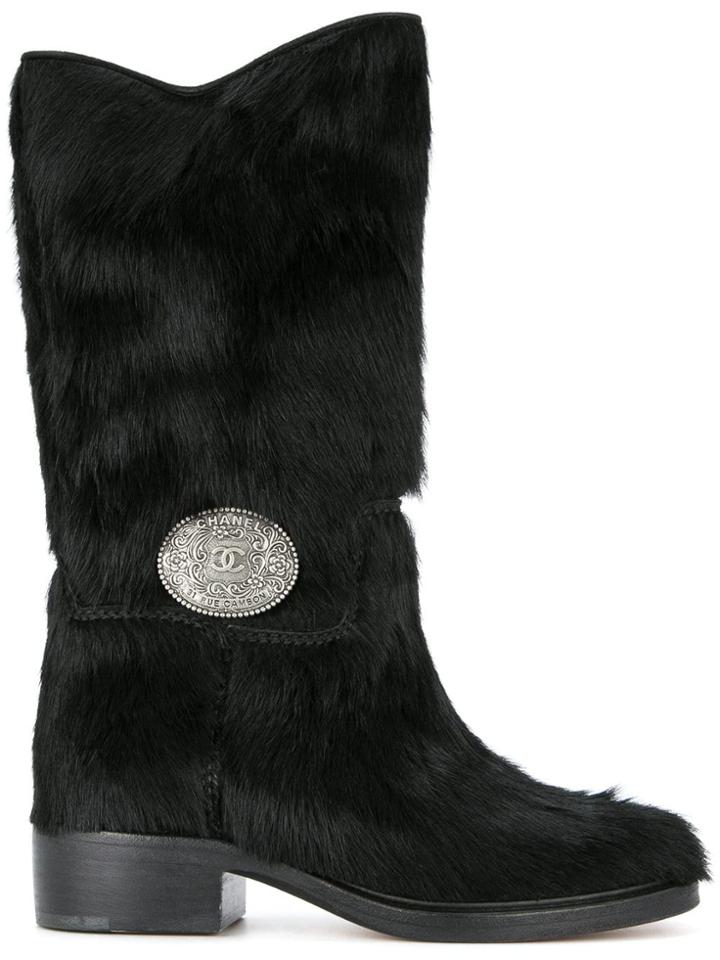 Chanel Vintage Cc Plaque Boots - Black