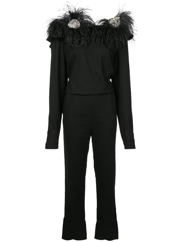Johanna Ortiz Embellished Feather Shoulder Jumpsuit - Black
