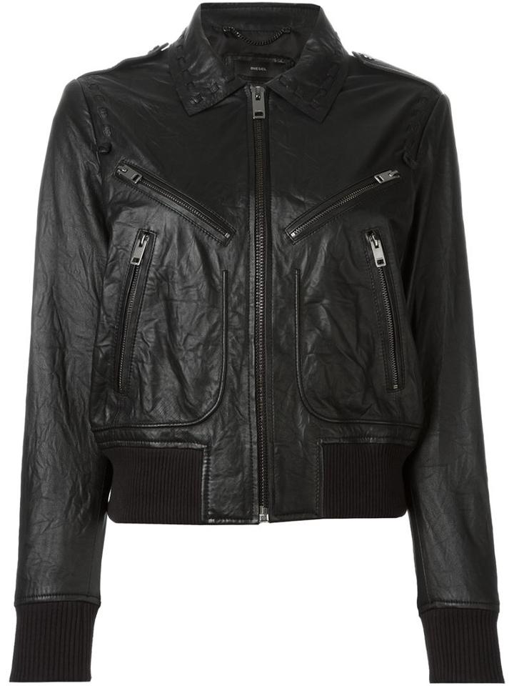 Diesel Zip Pocket Leather Jacket, Women's, Size: Small, Black, Lamb Skin/viscose