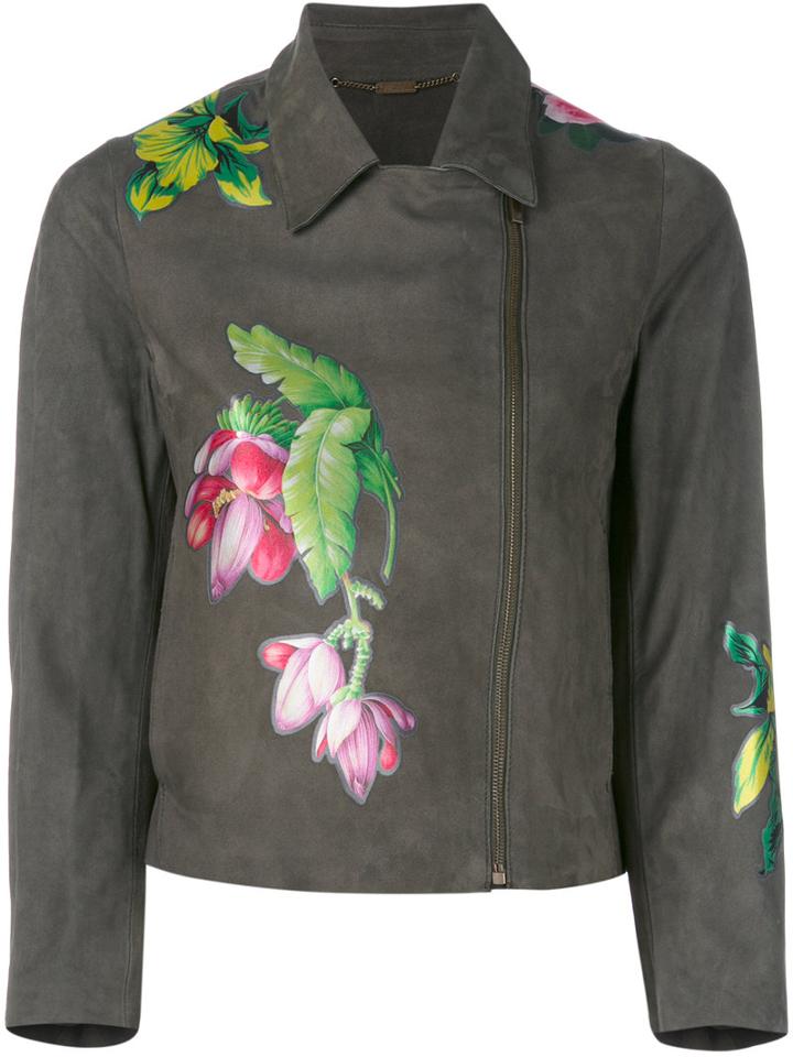 Blumarine - Floral Print Biker Jacket - Women - Sheep Skin/shearling/polyester/polyurethane - 40, Green, Sheep Skin/shearling/polyester/polyurethane