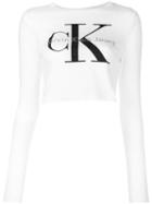 Calvin Klein Jeans - Cropped Long-sleeved Branded Top - Women - Cotton - S, White, Cotton