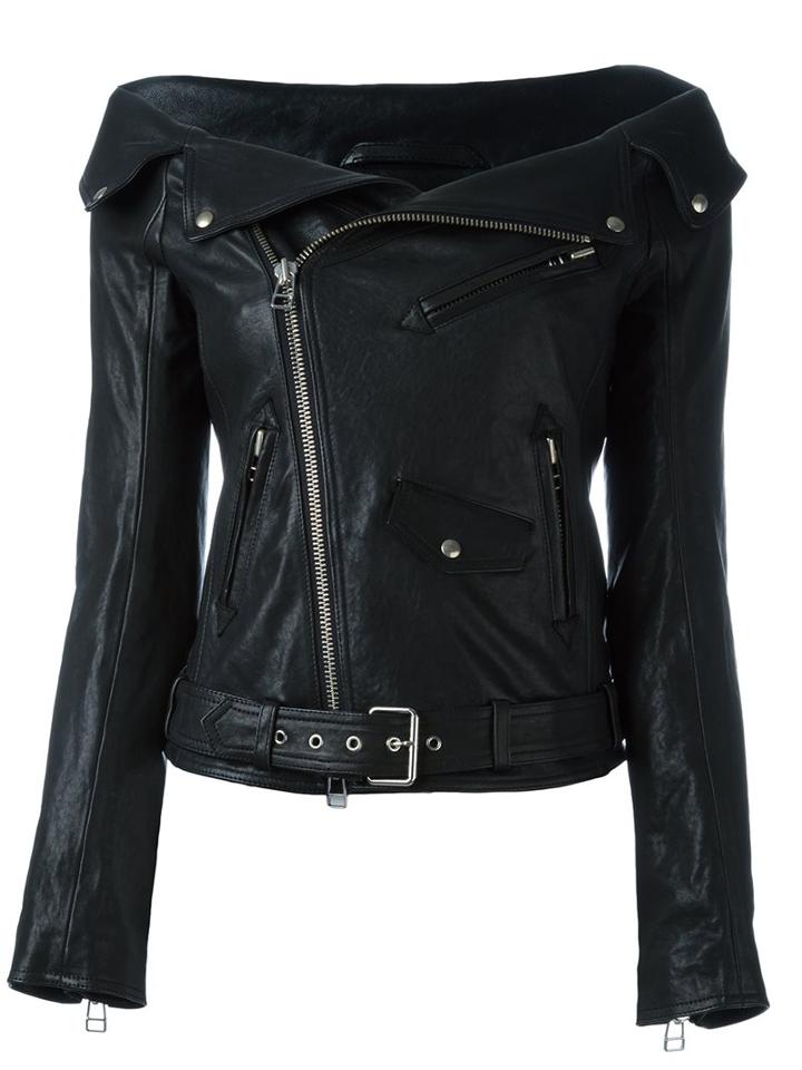 Faith Connexion Boat Collar Biker Jacket, Women's, Size: 40, Black, Lamb Skin/polyester/cotton