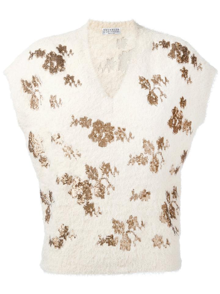 Brunello Cucinelli - Floral Knit T-shirt - Women - Cotton/polyamide/polyester - Xs, Nude/neutrals, Cotton/polyamide/polyester