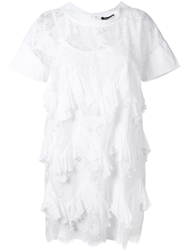 Twin-set Pleated Trim Lace Dress, Women's, Size: 42, White, Polyamide/cotton/polyester