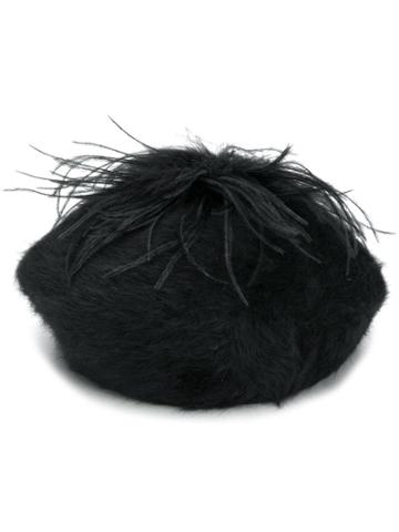 Le Chapeau Feather Embellished Beret - Black