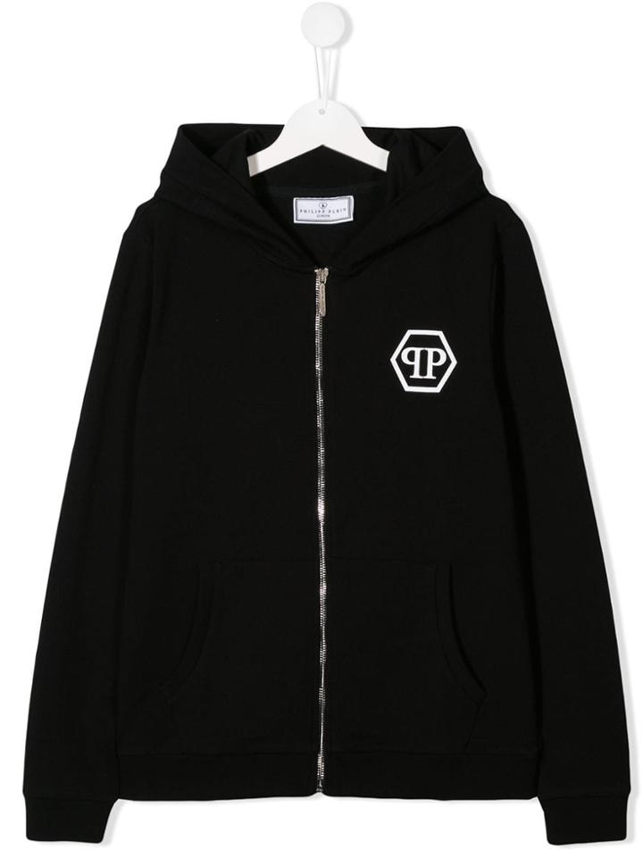 Philipp Plein Junior Skull Logo Print Zip Hoodie - Black