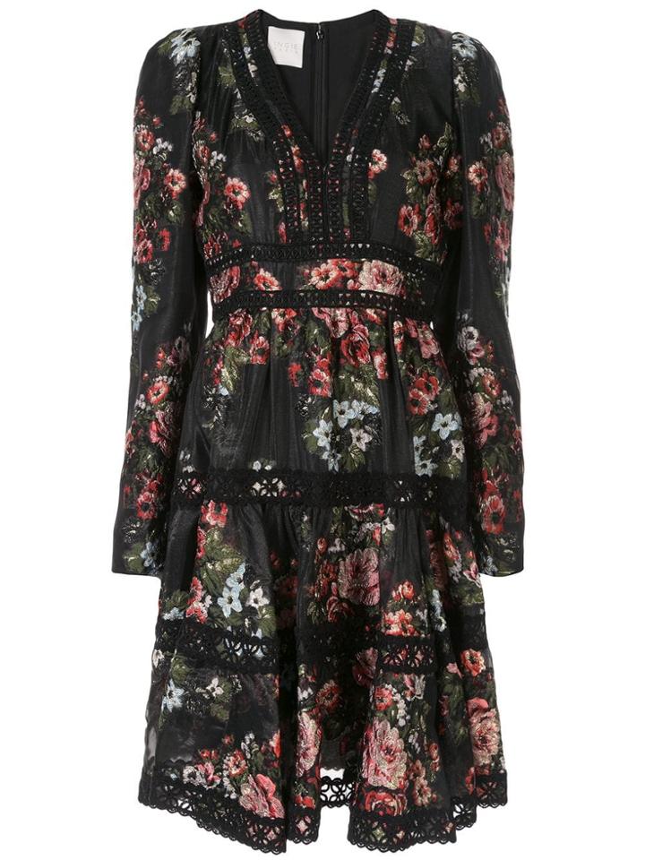 Ingie Paris V-neck Floral Pattern Dress - Black