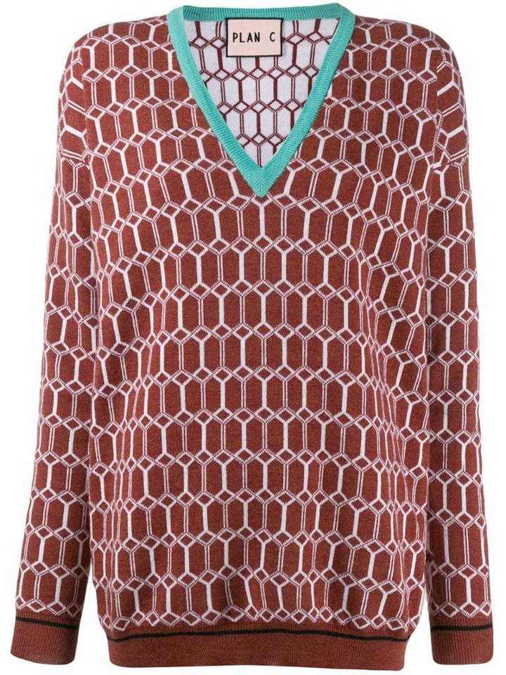 Plan C Retro Print Oversized Sweater - Brown