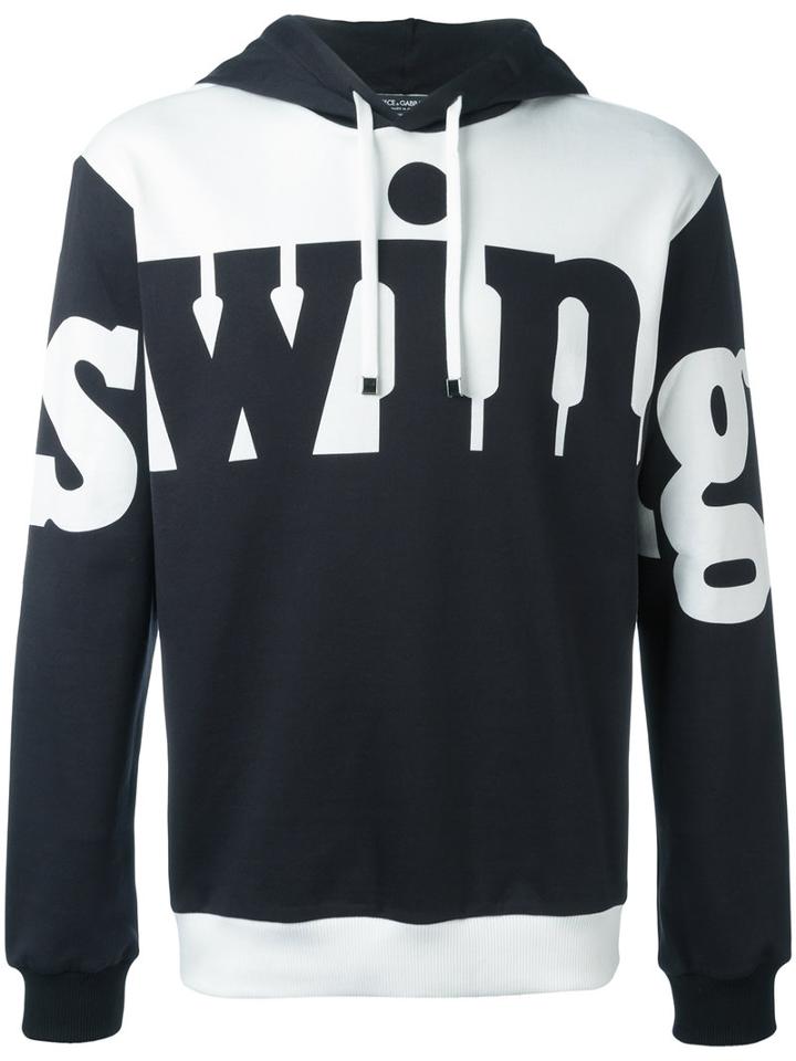 Dolce & Gabbana Swing Print Drawstring Hoodie, Men's, Size: 52, Black, Cotton