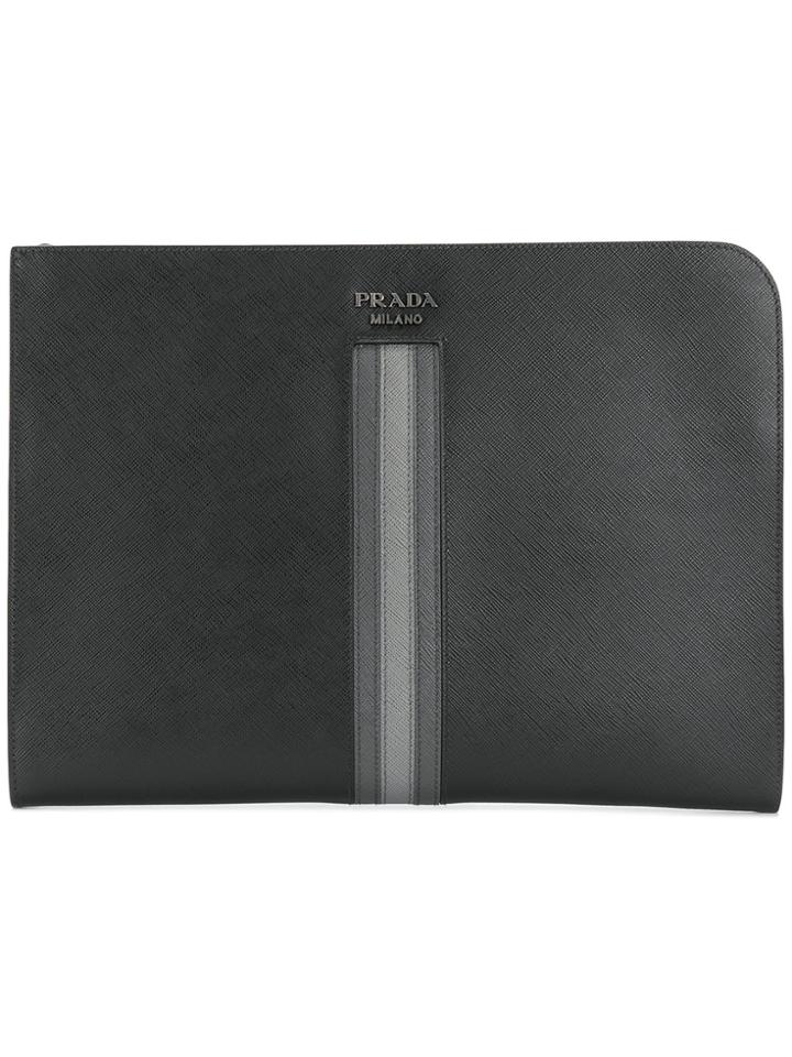 Prada Striped Portfolio Clutch - Black