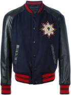 Alexander Mcqueen Leather Sleeve Bomber Jacket, Men's, Size: 52, Blue, Calf Leather/polyester/viscose/wool