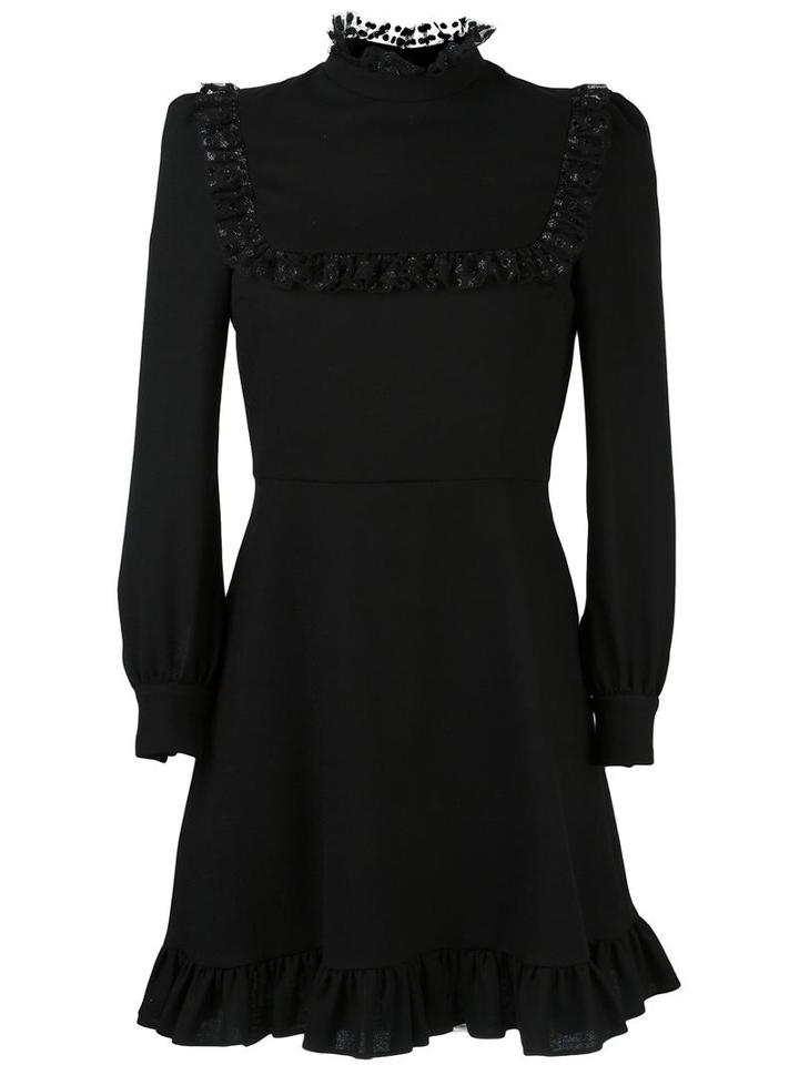 Saint Laurent Ruffle Trim Shift Dress, Women's, Size: 40, Black, Silk/wool/polyester/viscose