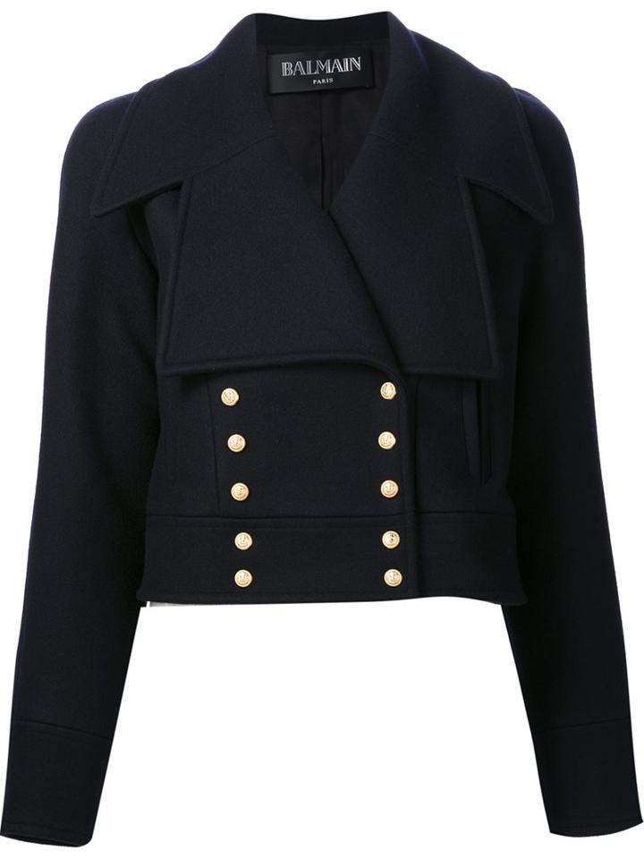 Balmain Cropped Bottom Fastening Peacoat, Women's, Size: 44, Black, Cashmere/virgin Wool