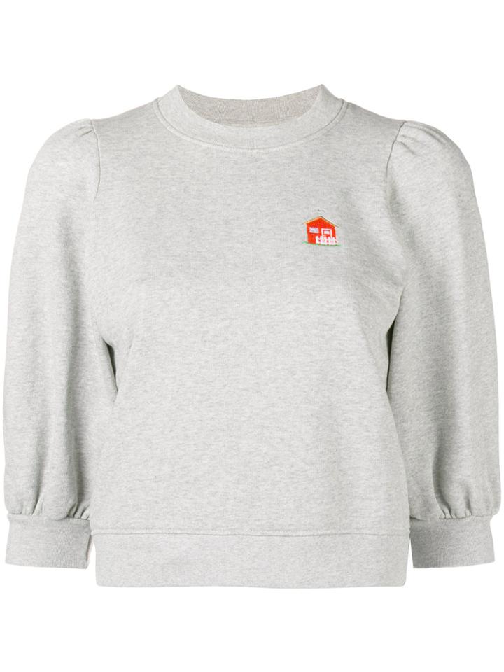 Ganni Embroidered Cottage Puff Sleeve Sweatshirt - Grey