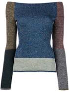 Christopher Kane - Metallic Off-the-shoulder Jumper - Women - Nylon/polyester/viscose/metallized Polyester - M, Blue, Nylon/polyester/viscose/metallized Polyester