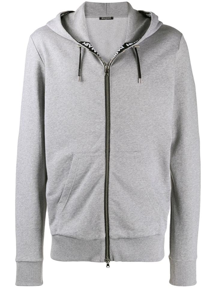Balmain Logo Band Zipped Hoodie - Grey
