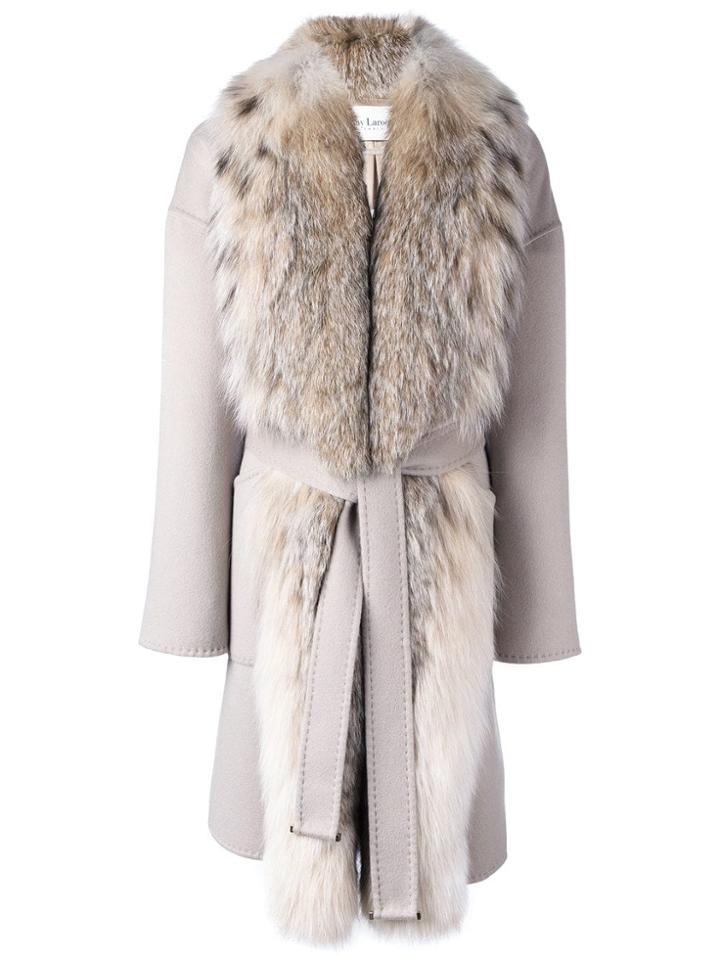 Guy Laroche Fox Fur Collar Belted Coat - Neutrals