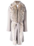 Guy Laroche Fox Fur Collar Belted Coat - Neutrals