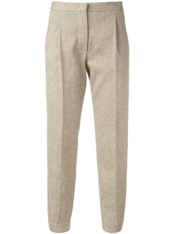 Msgm - Pleat Detail Cropped Trousers - Women - Cotton/linen/flax - 44, Nude/neutrals, Cotton/linen/flax