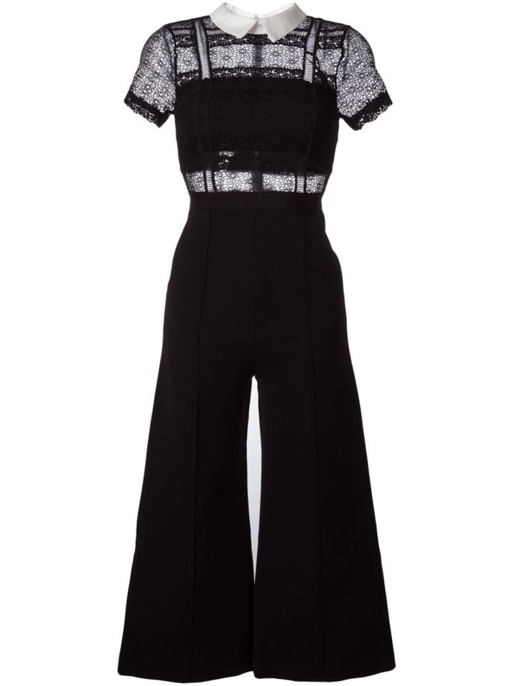 Self-portrait Lace Panel Wide Leg Jumpsuit, Women's, Size: 8, Black, Polyester/cotton/polyamide