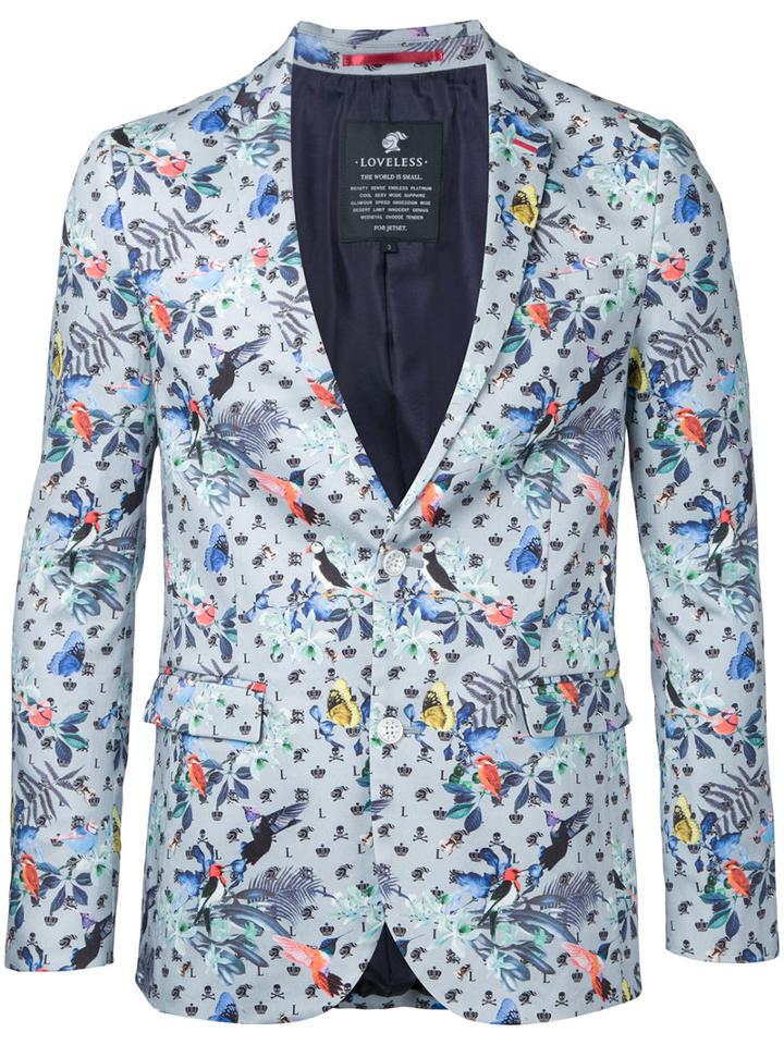 Loveless Birds Print Blazer, Men's, Size: 2, Blue, Cotton/polyurethane