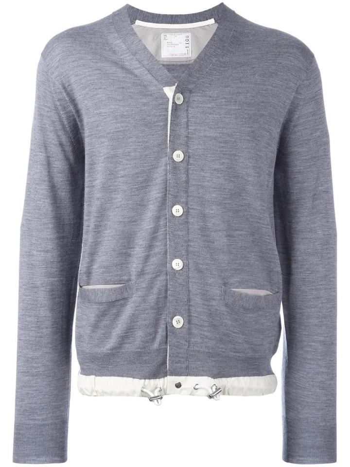 Sacai Drawstring Cardigan, Men's, Size: 4, Grey, Cotton/polyester/wool