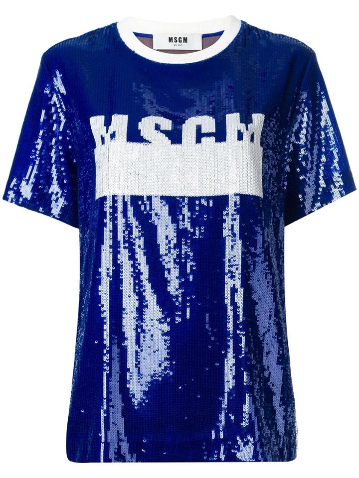 Msgm Sequinned Logo T-shirt - Blue