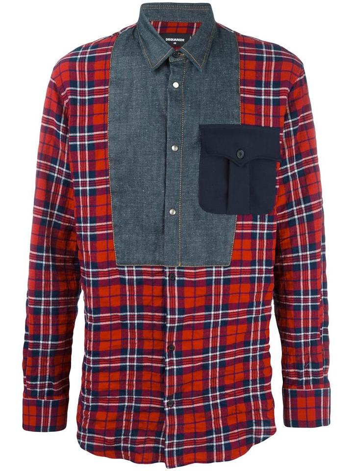 Dsquared2 Mixed Material Checked Shirt, Men's, Size: 46, Red, Cotton/spandex/elastane