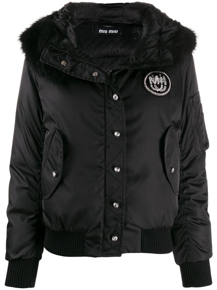 Miu Miu Hooded Puffer Logo Jacket - Black
