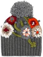 Le Chapeau Floral Embroidery Pompom Beanie, Women's, Grey, Wool/polyamide