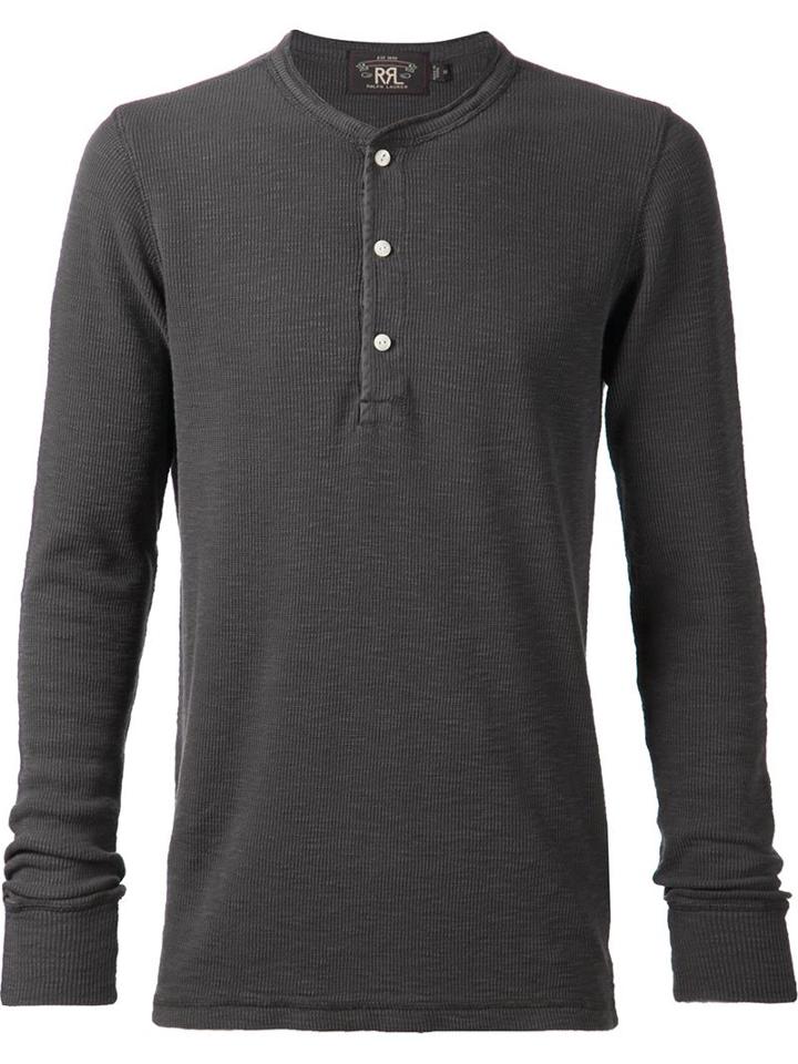 Rrl Ribbed Henley T-shirt, Men's, Size: Large, Grey, Cotton