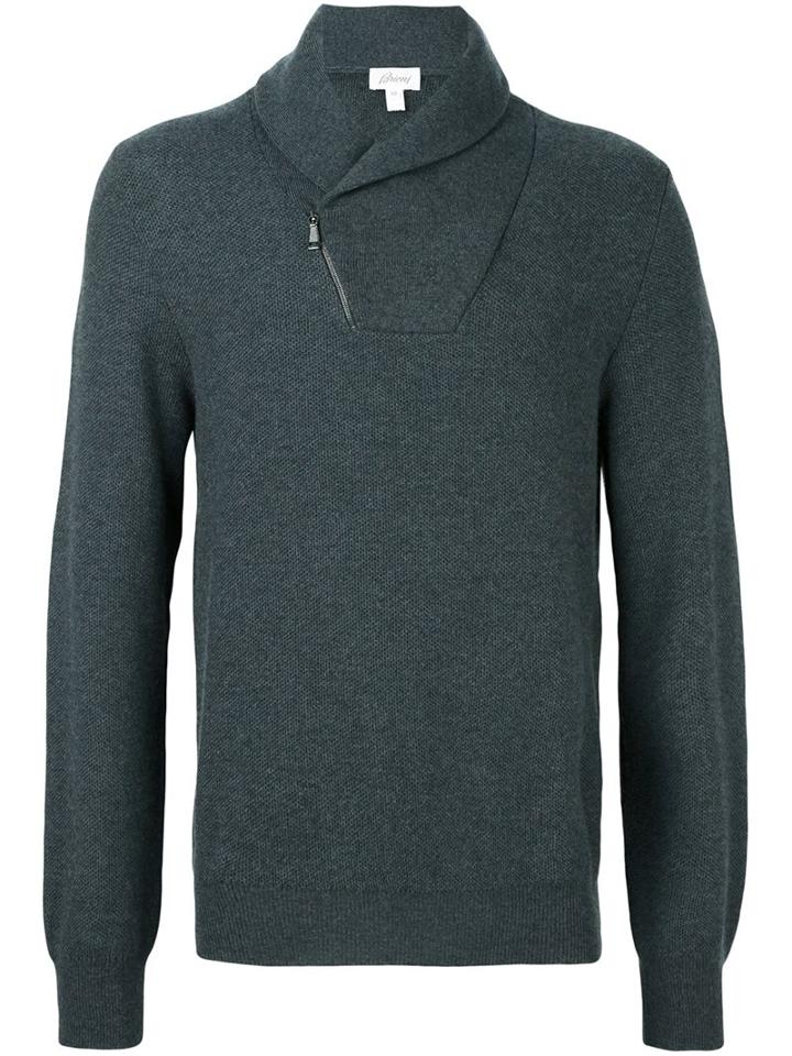 Brioni Zipped Neck Detail Pullover, Men's, Size: 54, Green, Cashmere