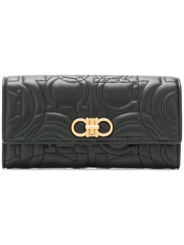Salvatore Ferragamo Gancio Embossed Continental Wallet - Black