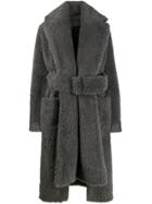 Helmut Lang Shaggy Fur Belted Coat - Grey