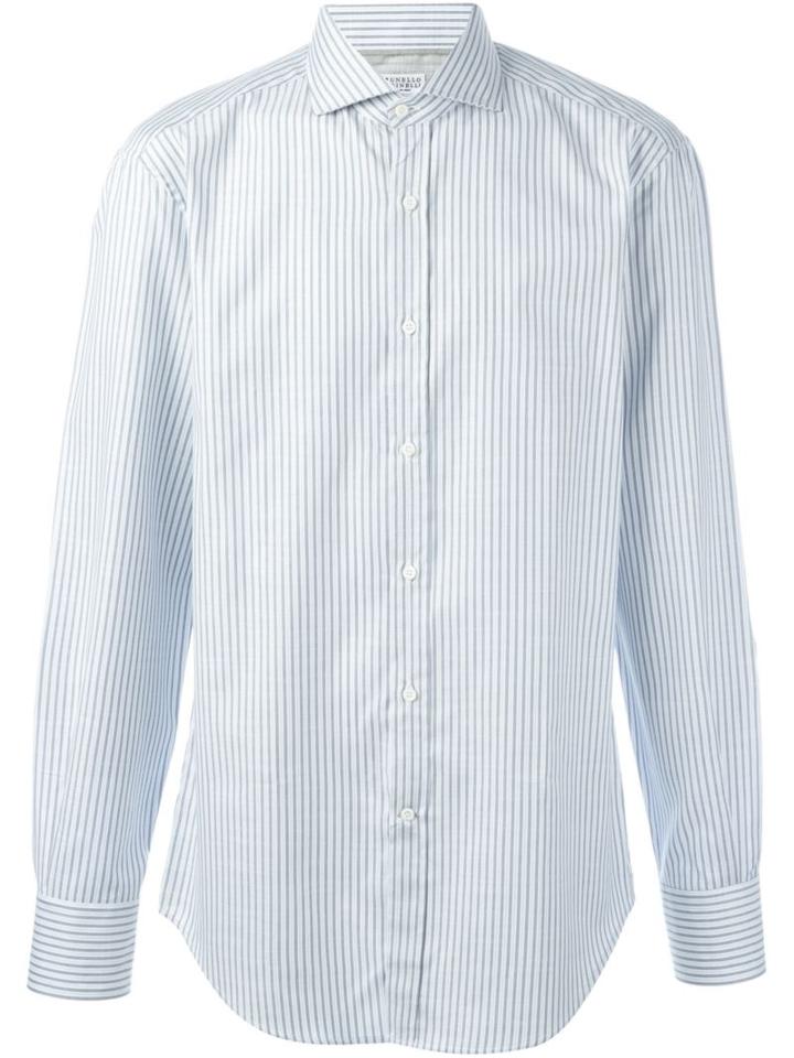 Brunello Cucinelli Striped Shirt, Men's, Size: M, Grey, Cotton