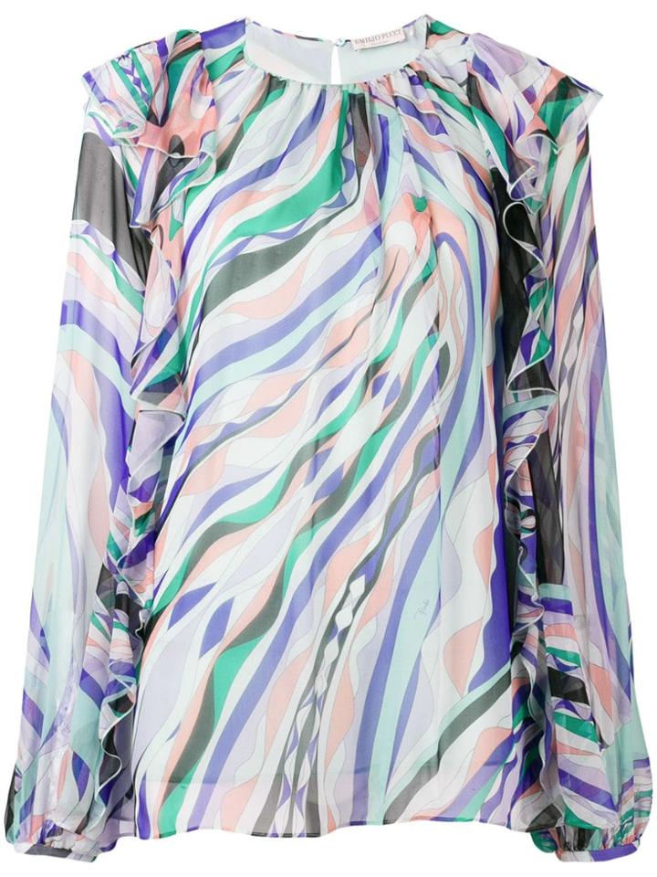 Emilio Pucci Burle Print Ruffled Silk Top - Blue