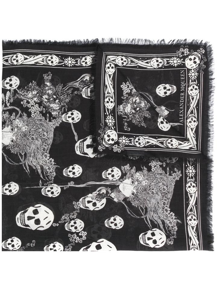 Alexander Mcqueen Eve And Skull Print Scarf - Black
