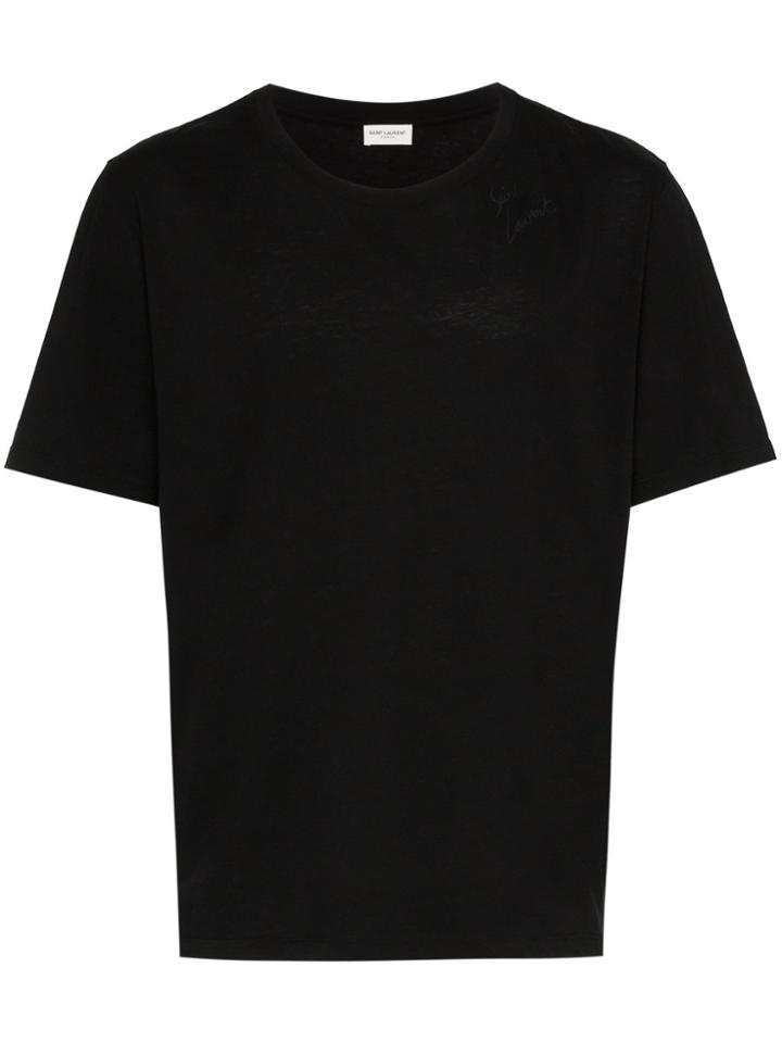 Saint Laurent Signature Logo Embroidered Cotton T Shirt - Black