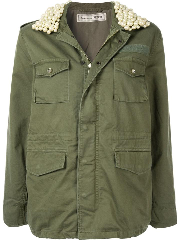Tu Es Mon Trésor Faux-pearl Collar Military Jacket - Green