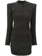 Balmain Square Shoulder Grid Dress - Black
