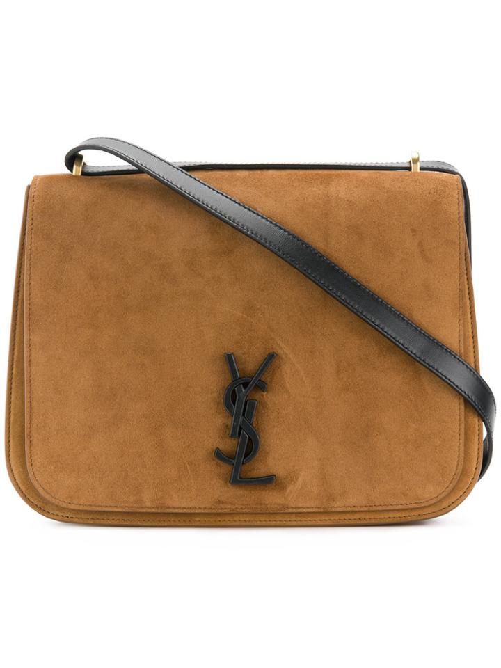 Saint Laurent Branded Foldover Shoulder Bag - Brown