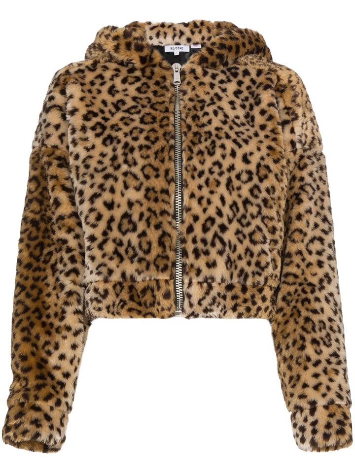 Re/done Faux Leopard Jacket With Hood Ears - Brown