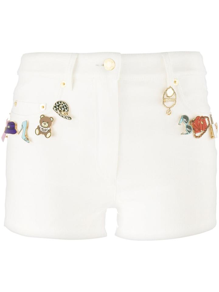 Moschino Pin Embellished Denim Shorts, Women's, Size: 42, White, Cotton/polyester/other Fibers