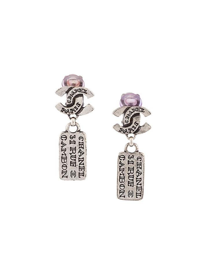 Chanel Vintage Logo Plaque Clip-on Earrings, Women's, Grey