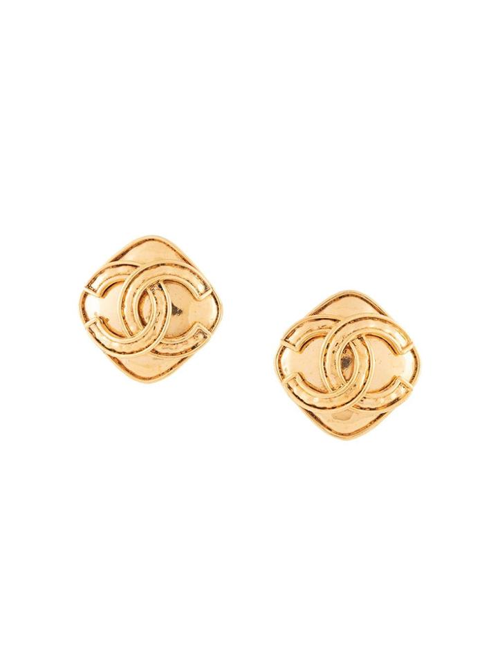 Chanel Vintage Diamond Cc Earrings - Gold