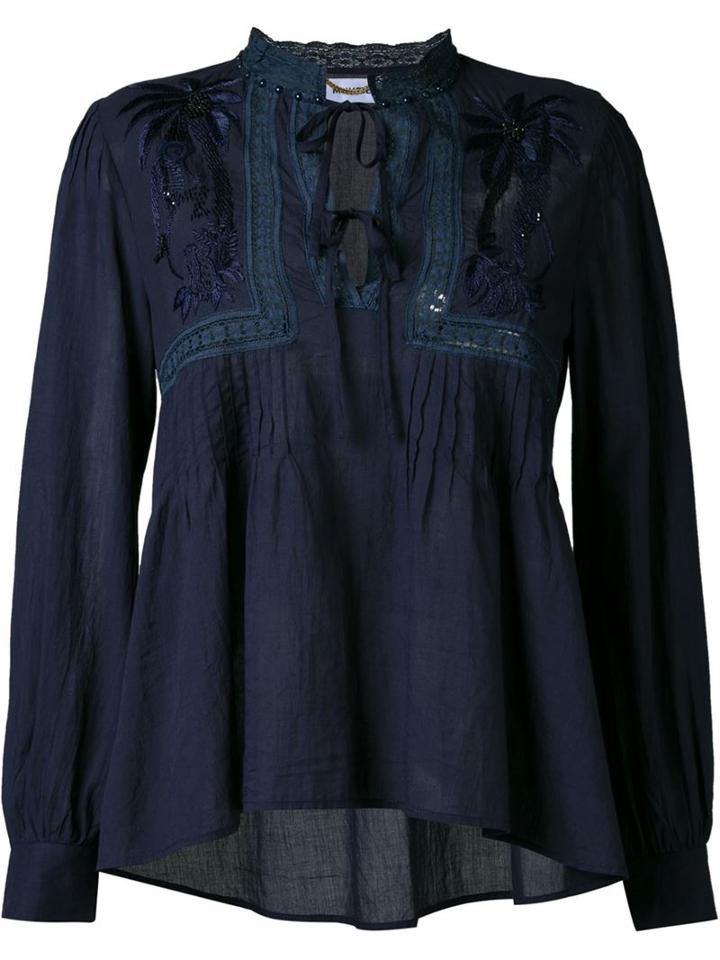 Muveil Lace-up Peasant Blouse, Women's, Size: 38, Blue, Cotton