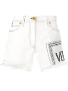 Versace Logo Printed Denim Shorts - White