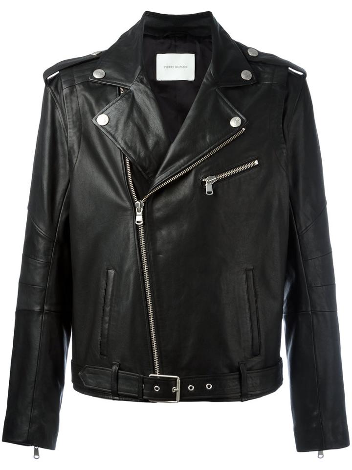Pierre Balmain Zipped Biker Jacket, Men's, Size: 48, Black, Calf Leather/viscose/cotton